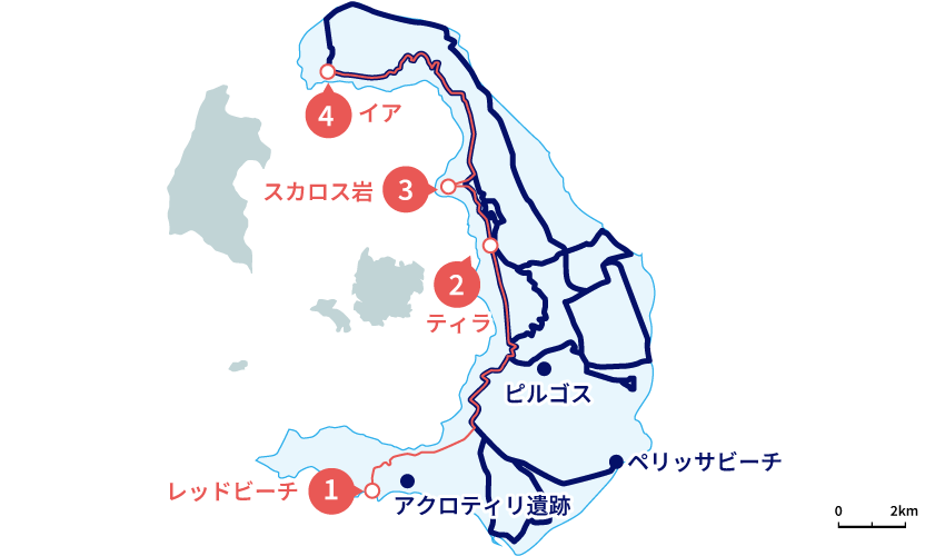 サントリーニ島モデルコースの地図
