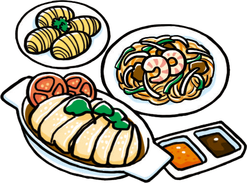 マレーシアで食べられる　中華料理 チキンライス　クイティオ　イラスト