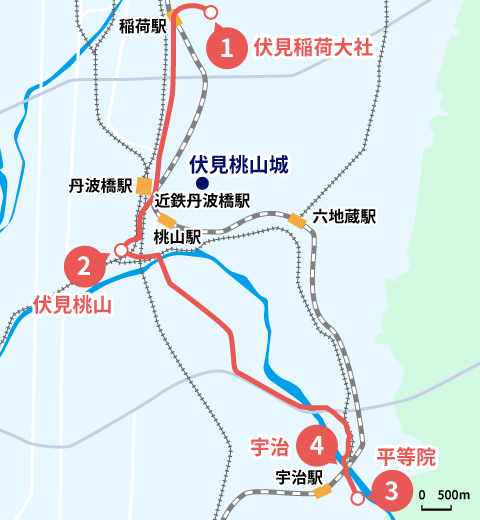伏見・宇治モデルコースの地図